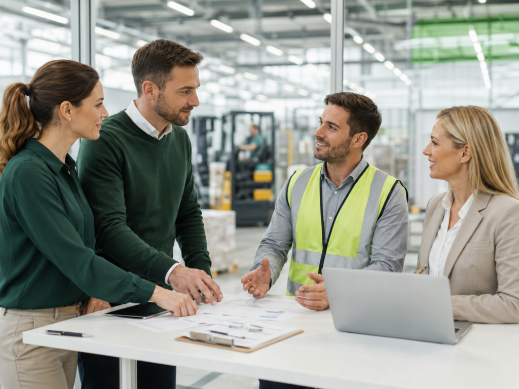 4 Personen unterhalten sich in Lagerhalle extern Outsourcing