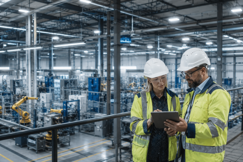 Moderne Fabrikhalle mit Ingenieuren