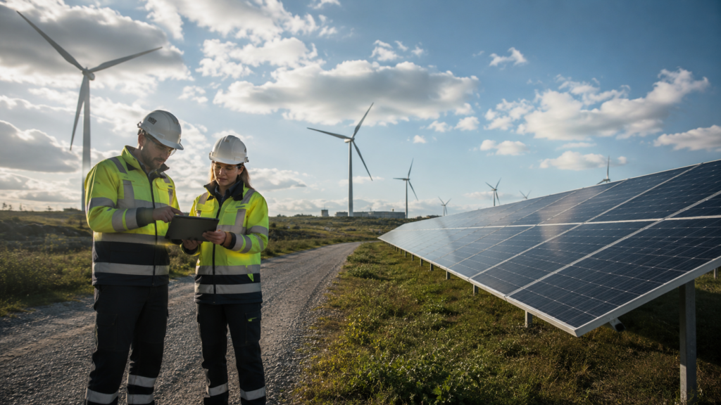 Mitarbeiter im Bereich erneuerbare Energien bei einer Solaranlage