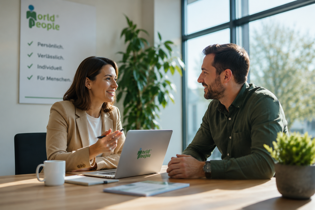 2 Personen unterhalten sich am Tisch im World People Büro bei Sonnenschein