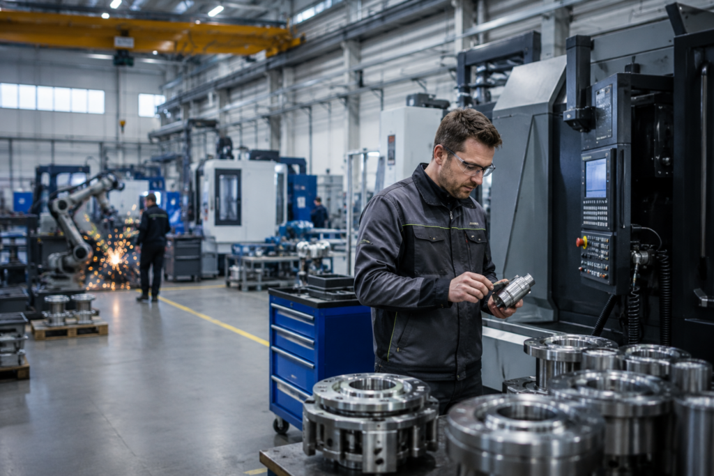 Mitarbeiter im Maschinenbau bei der Qualitätskontrolle