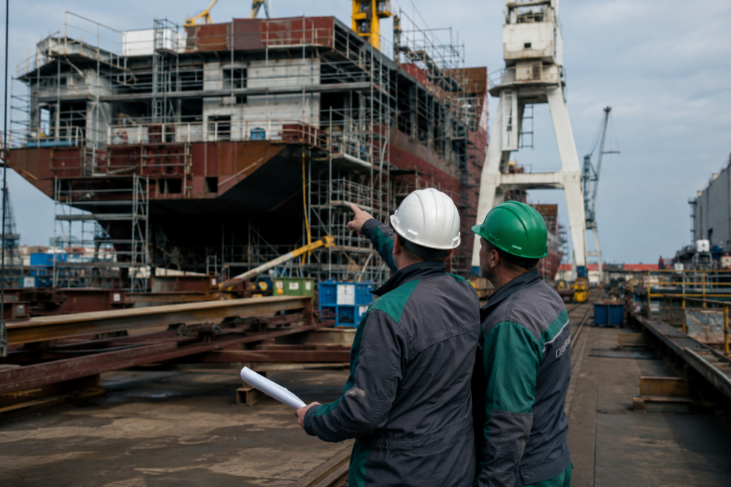 Projektbesprechung im Schiffbau auf einer Werft